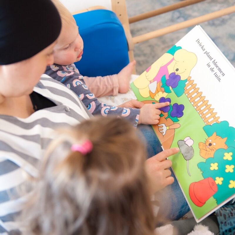 pedagogisch medewerker leest twee kinderen voor uit een boek op het kinderdagverblijf